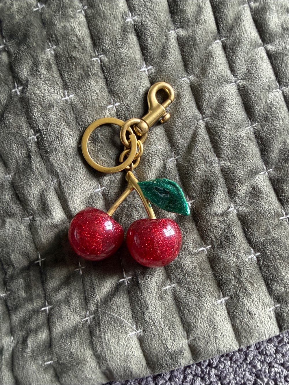 Gold Cherry Keychain Charm in Red and Green